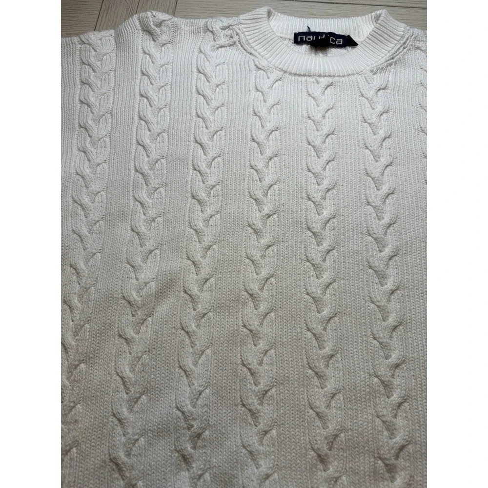 Nautica Mens White Ivory Tight-Knit Preppy Sweater Cable‎ Knit 100% Cotton Sz L